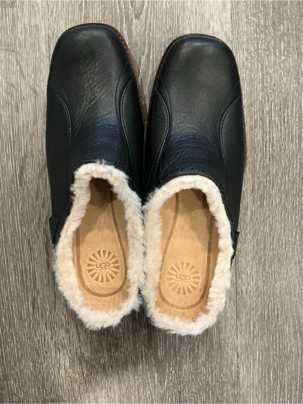 UGG Black Leather Fur-Lined Slip-On Mules, size 8, NWOT